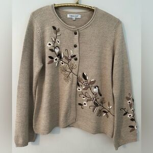 Bird Embroidery Beaded Tan Sweater Cardigan Woman’s Medium Coldwater Creek